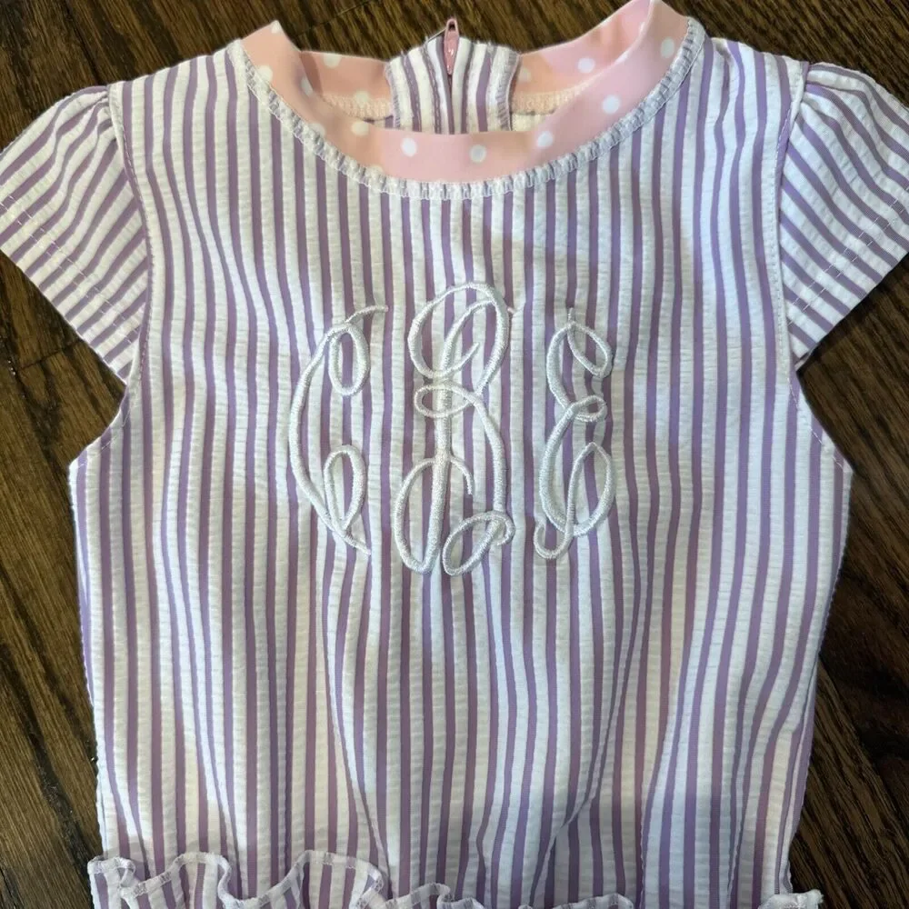 EUC Girls RuffleButts Bathing‎ Suit Purple Stripe With Pink Bow Sz 12-18 Months